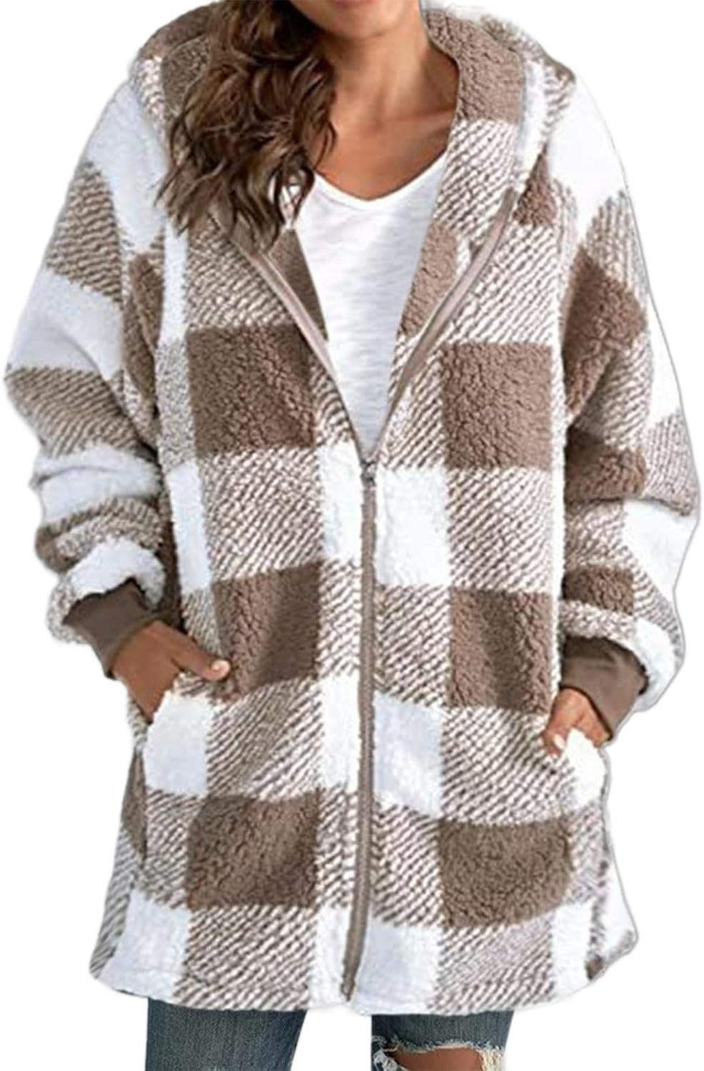 Akivide Womens Sherpa Jacket Winter Fuzzy Fleece Zip Up Hooded Plaid Oversized Fluffy Coat with Pockets