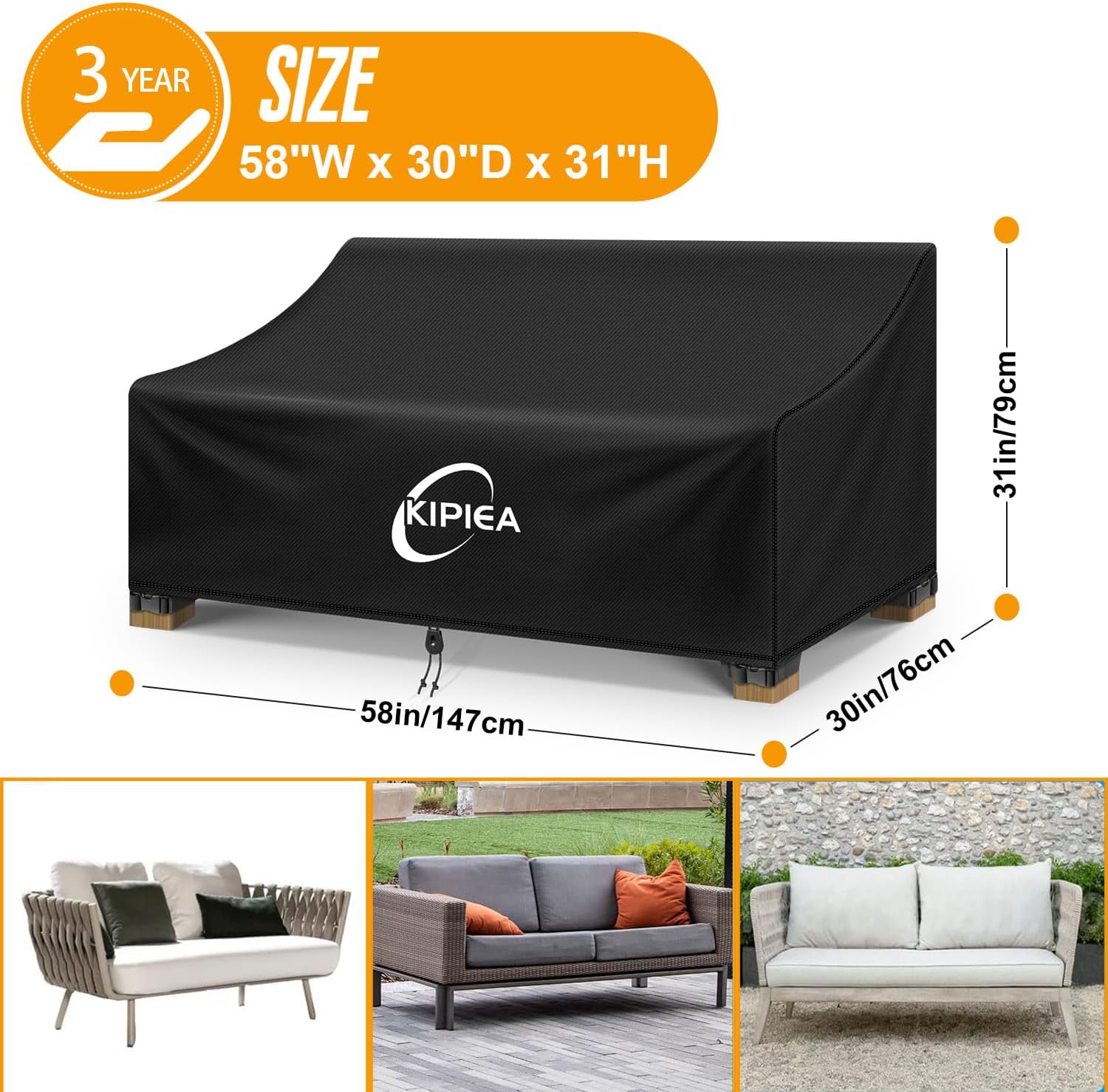 Kipiea Patio Sofa Cover, Heavy Duty Outdoor Couch Covers Waterproof Winter, 2-Seat Patio Furniture Cover Loveseat, Outdoor Sofa Covers with Anti UV and No Tears, No Fading (58"W x 30"D x 31"H)