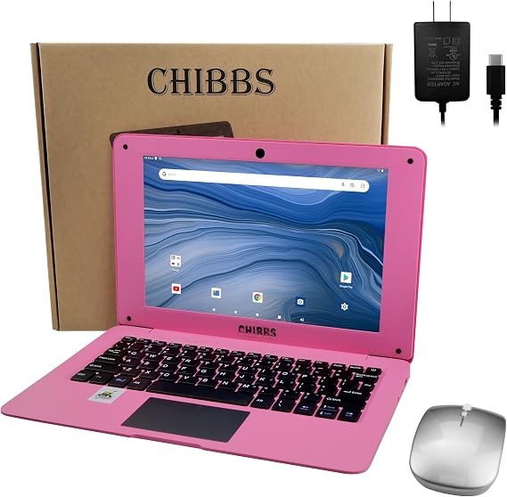 CHIBBS Portable Laptop Computer, 10.1 Inch Screen Educational Computer Powered by Android 12 Operating System, Quad Core 2gb Ram+64gb ROM, 2*USB, Bluetooth, Wi-Fi- Pink
