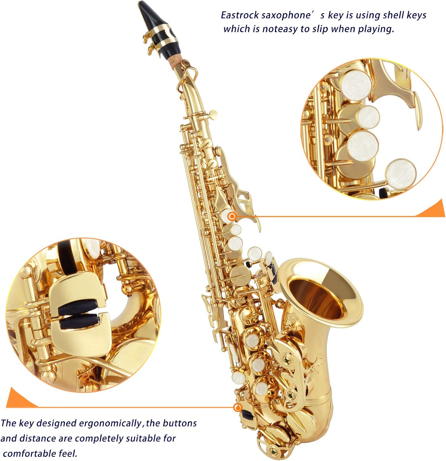 EASTROCK Soprano Saxophone Curved Bb Flat Gold Sax Instruments for Beginners Intermediate Players with Carrying Case,Mouthpiece,Pads,Reed,Cleaning kit,neck Strap,White Gloves Curved-Gold