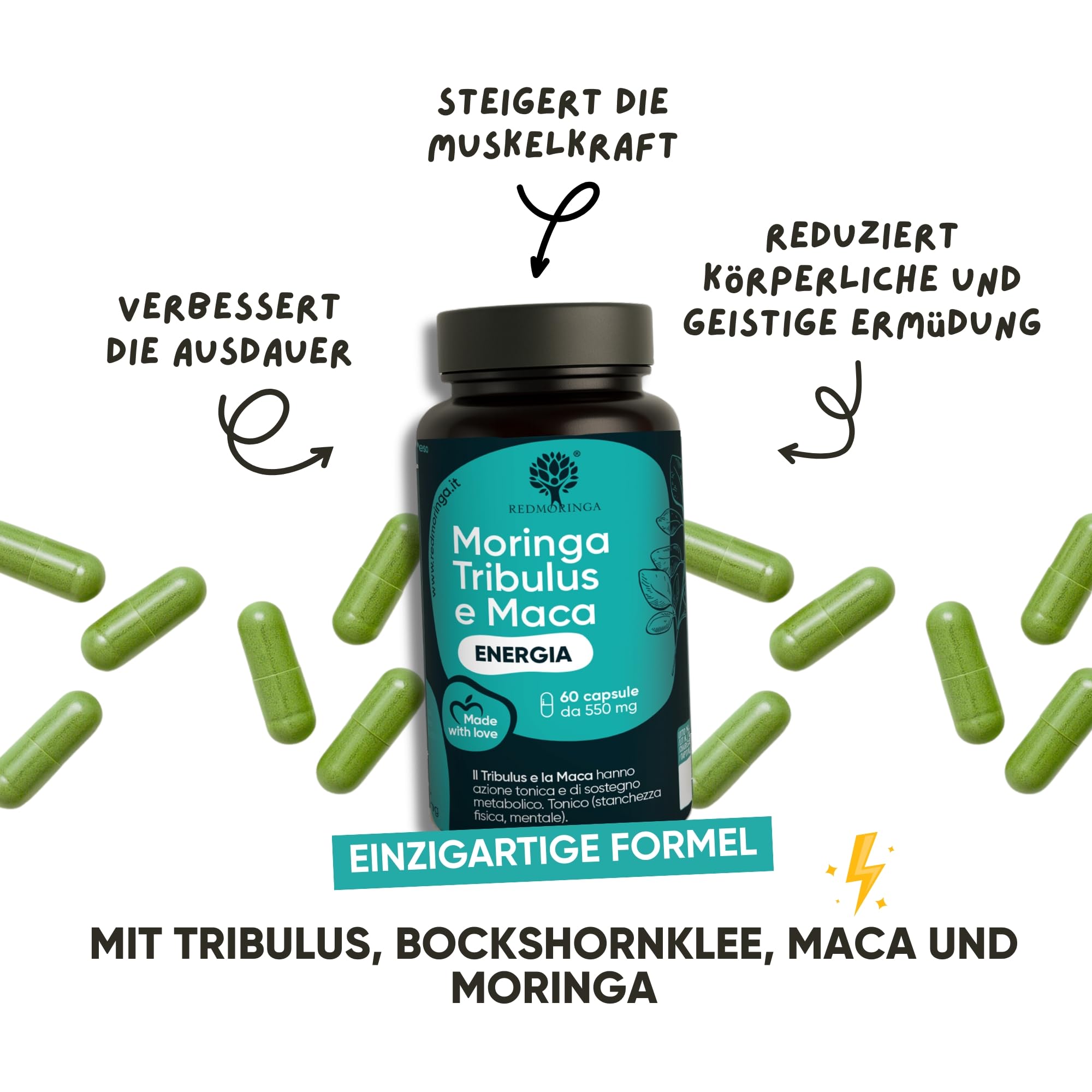 RedMoringa Tribulus Terrestris, Maca & BIO Moringa Kapseln - 90% Saponinen Kraft & Testosteron Booster - Unterstützung für Muskelaufbau & Libido | 180 Kapsel