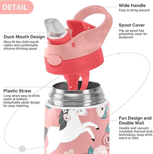 Miniatura 4 de Cute White Horses - Botella de agua para niños, botellas de agua aisladas de acero inoxidable con tapa con popote, 12 onzas, sin BPA, a prueba de