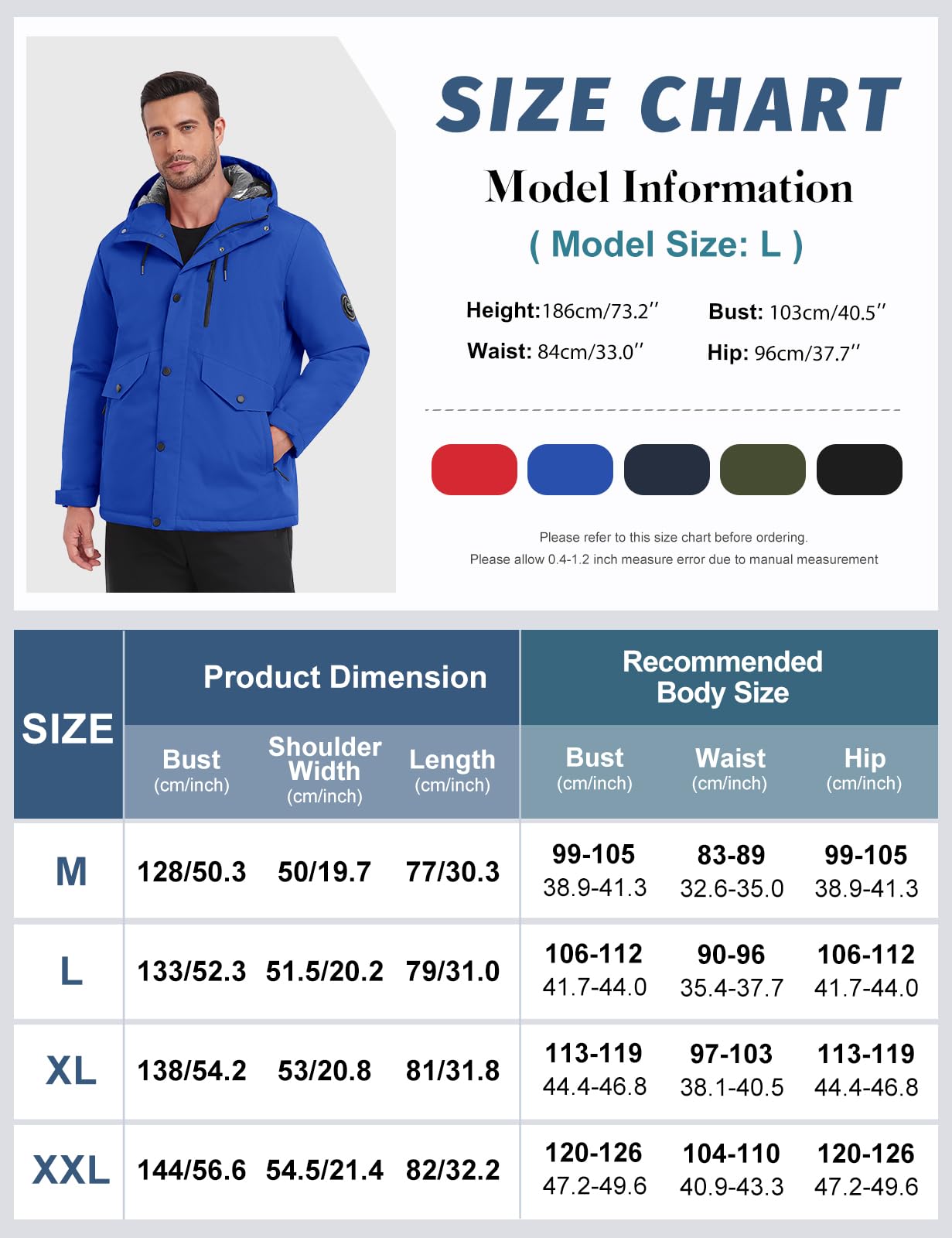 TOMEEK Chaqueta Hombre Invierno Esquí Impermeable Cazadora Abrigo de Invierno Abrigado Cortavientos con Capucha y Brújula Medición de Temperatura Incluida