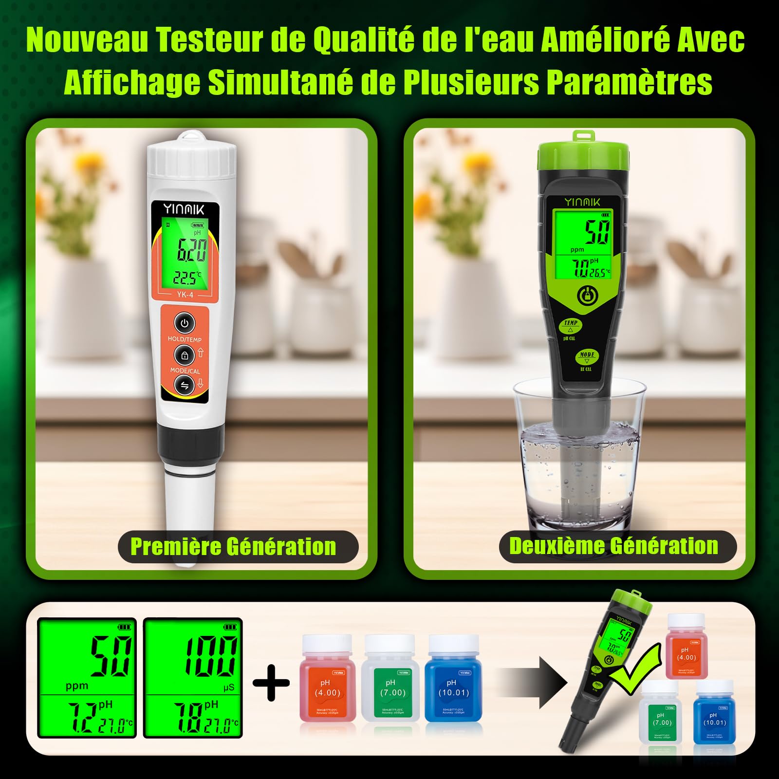 YINMIK pH-Mètre Hydroponique, Affichage Simultané de la EC/TDS/Temp, Teste Les Solutions Nutritives pour Plantes, Utilisé en hydroponie Profonde, en aéroponie et en Culture intérieure/extérieure