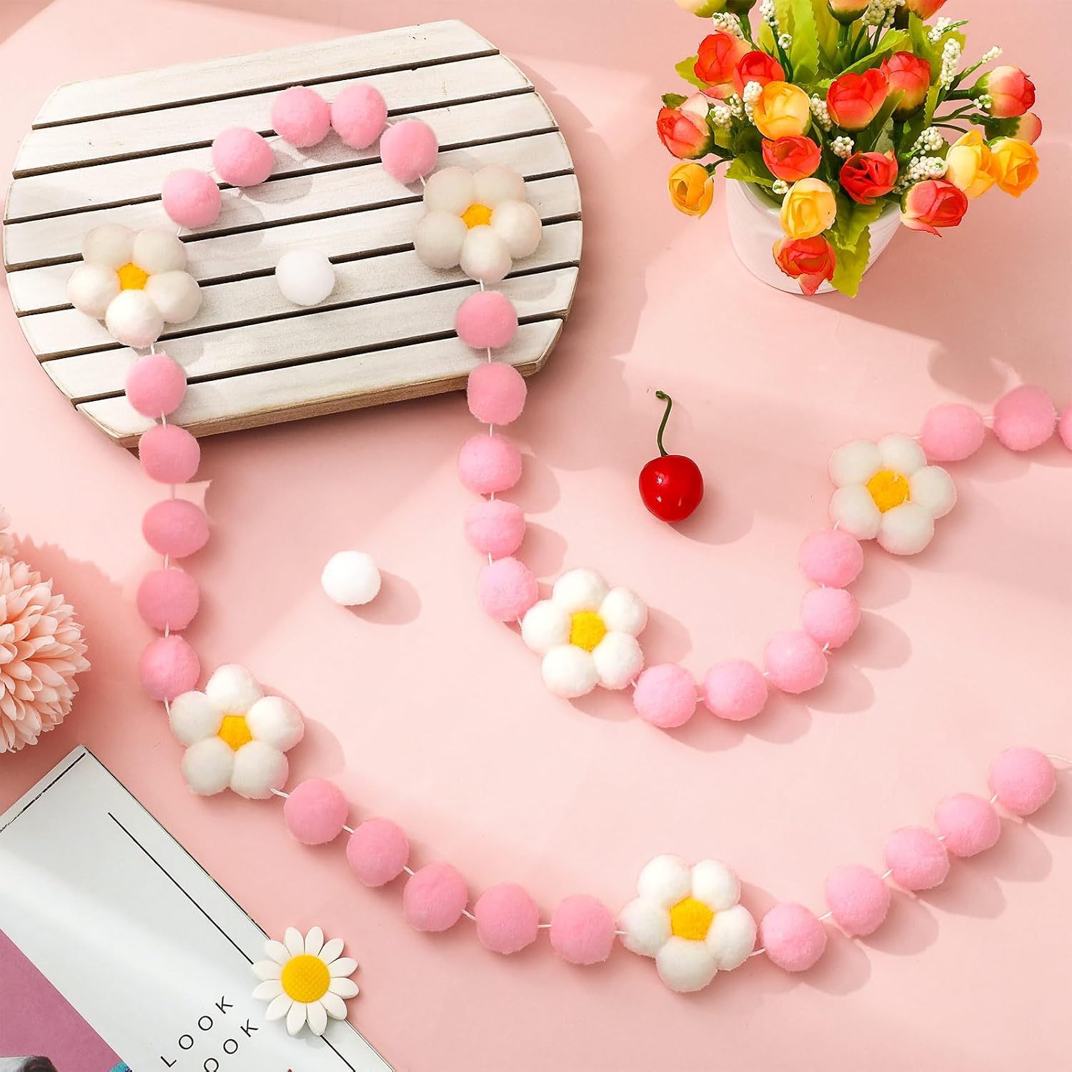 JarThenaAMCS Daisy Felt Garland 3D Cute White Spring Flower Hanging Banner Light Pink Pom Ball Banner for Birthday Baby Shower Wedding Party Supplies image 3