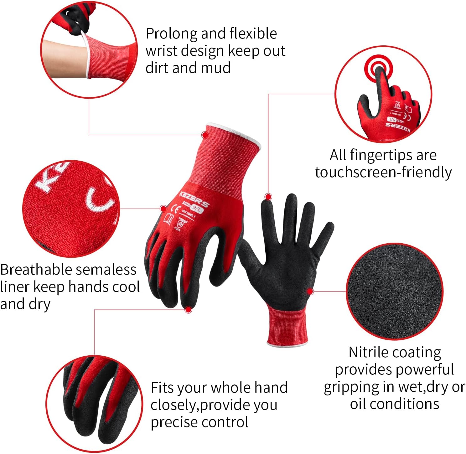 KEZERS Work Gloves,12 Pairs MicroFoam Nitrile Coated Work Gloves for Men,Seamless Knit Nylon Gloves,Home Improvement