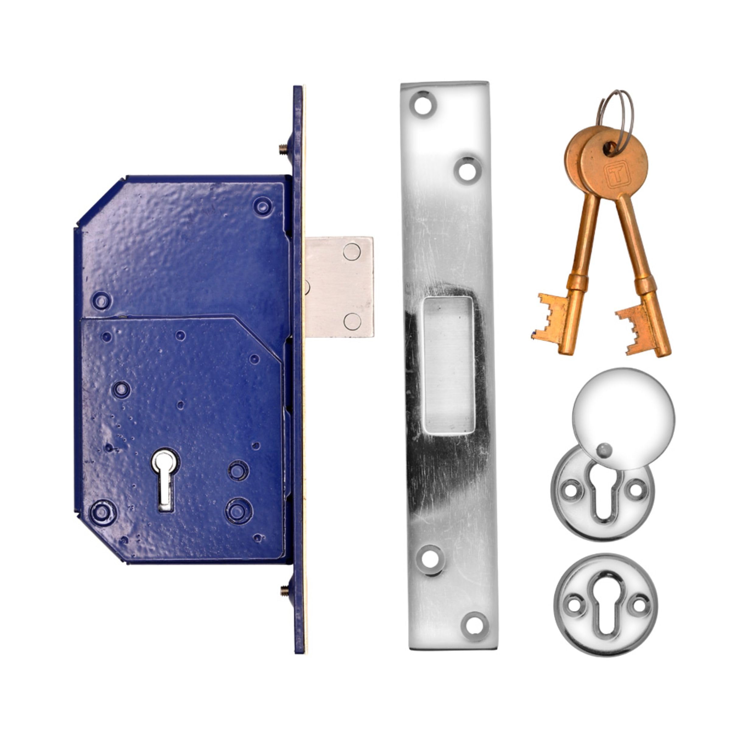 TSS Retro Fit British Standard Upright 5-Lever Mortice Deadlock – 40 mm / 53 mm Backset Upright Deadlock – BS3621 5 Lever Mortice Lock for External Timber Doors - with Fixings (Satin Chrome)