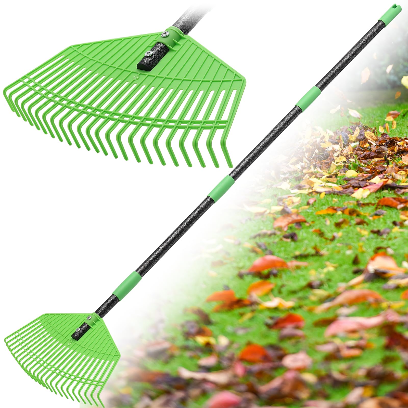 Rastrillo,145 cm Rastrillo para Hojas de Jardín con Mango Ajustable y 23 Púas Reforzadas, 42 cm Gran Superficie Rastrillo para Hojas para Césped de Plástico para Limpiar Plantas, Césped y Patios