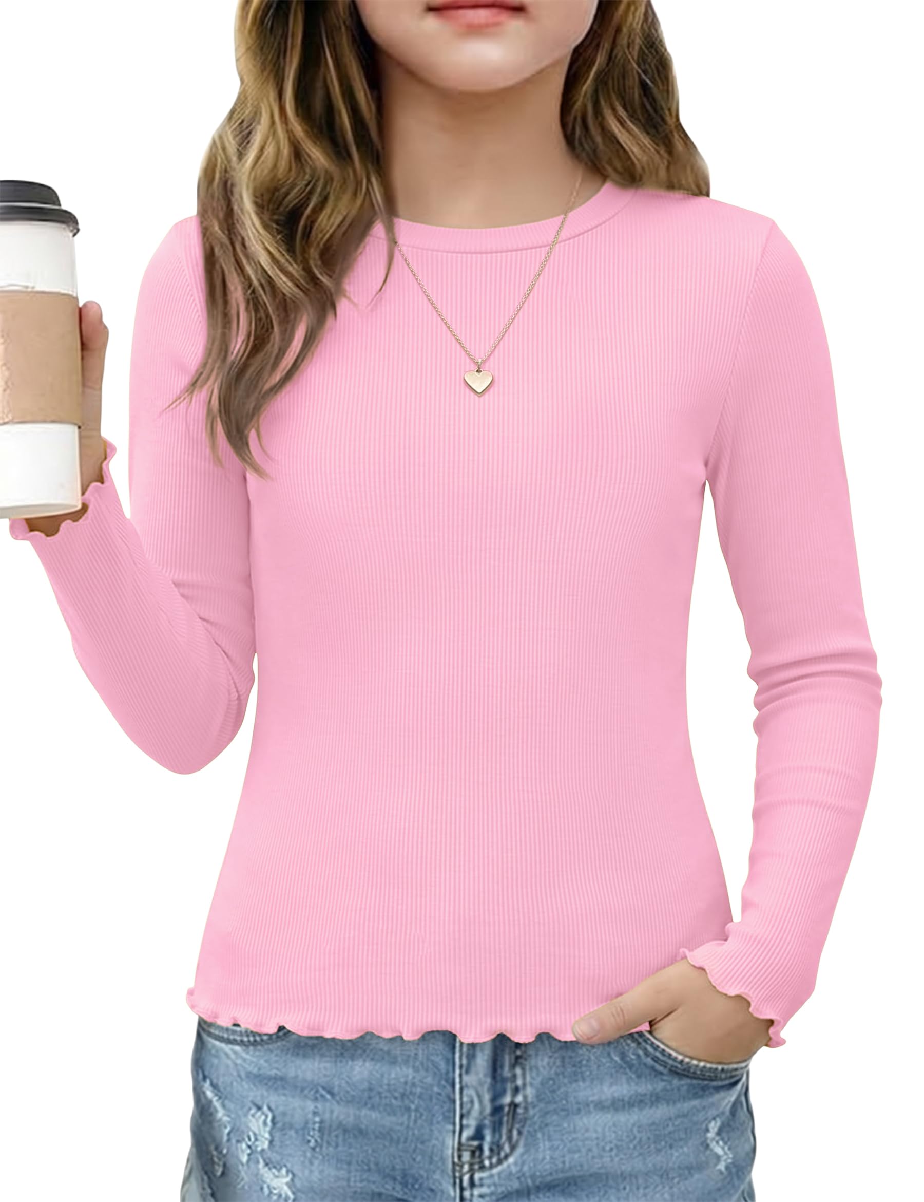 Demegimi Langarmshirt Mädchen Rundhals T-Shirt Rippstrick Kinder Oberteile Basic Strickshirt Einfarbig mit Rüschenbündchen für Schule und Freizeit 5-14 Jahre