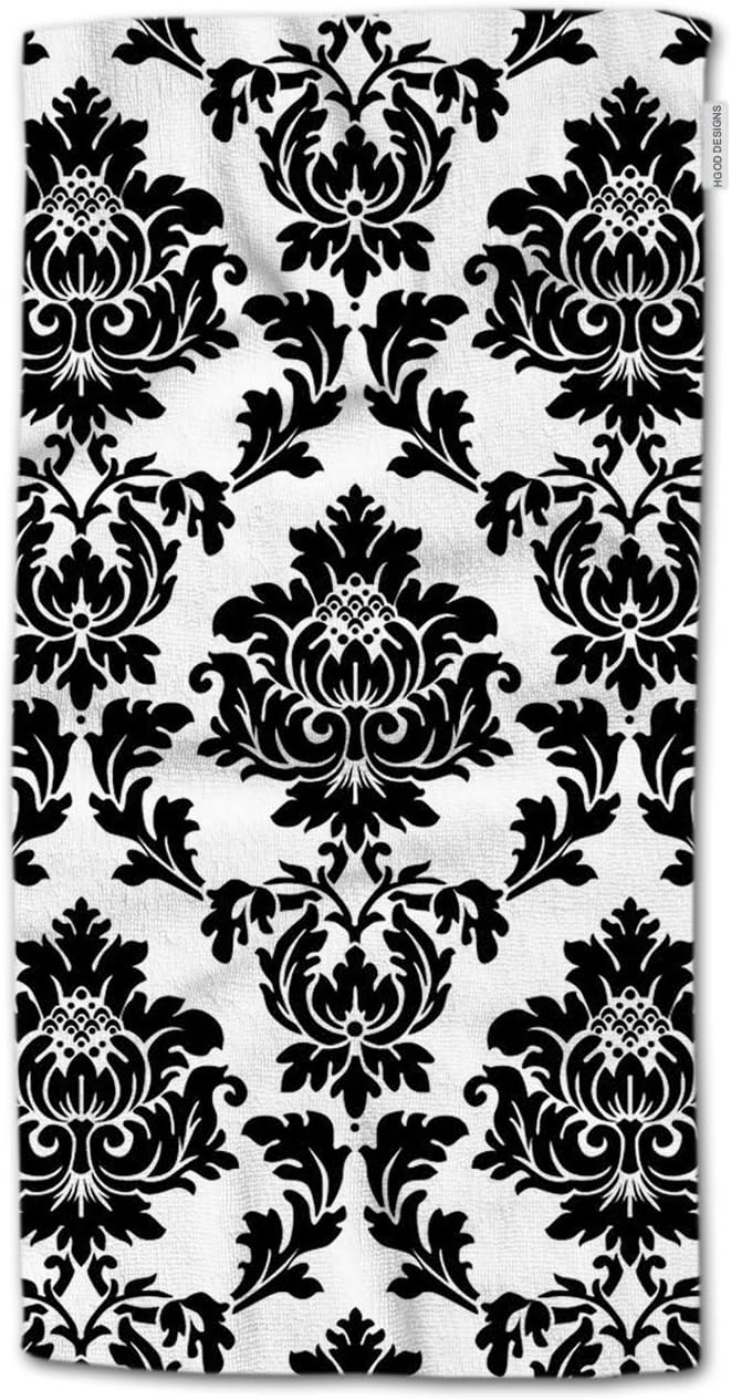 HGOD DESIGNS Flower Hand Towels White Black Damask Flower Floral Soft Hand Towel for Bathroom Kitchen Yoga Gym Decorative Towels 15"X30"