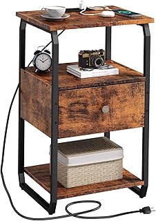 Nightstand with Charging Station, Bedside Tables with USB Ports and Outlets, Side Table with Drawer for Small Spaces, Vintage End Table for Bedroom, Living Room