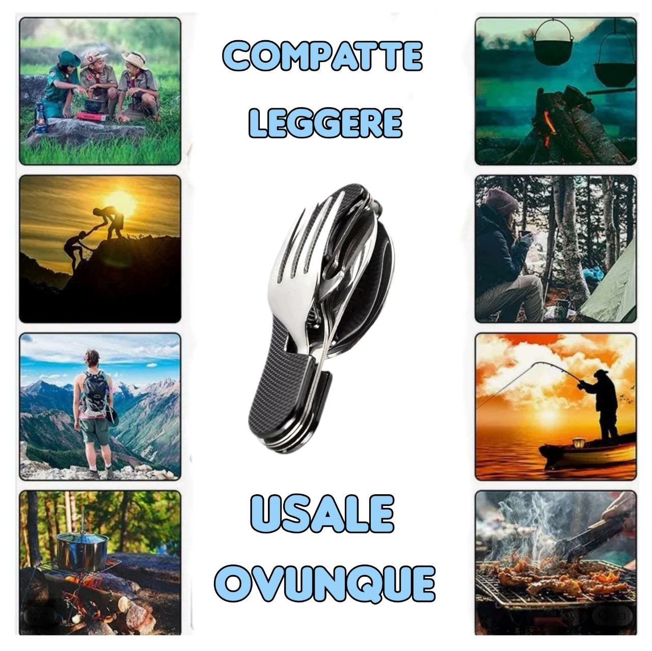 Posata Pieghevole Campeggio Multiuso Picnic Escursioni Viaggi Portatili Acciaio Inossidabile Staccabili 5 in 1 Picnic Coltello Forchetta Cucchiaio Apribottiglie Astuccio (nero)
