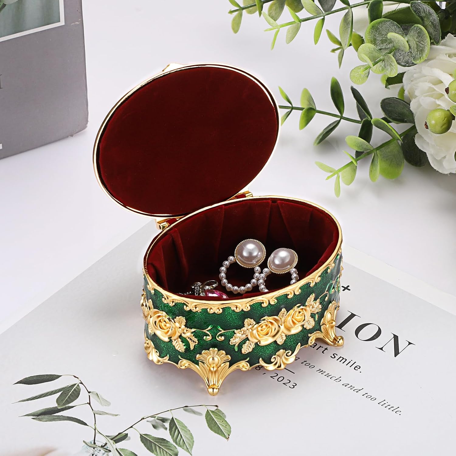 Hipiwe Vintage Jewelry Box Oval Trinket Ring Display Case, Antique Green