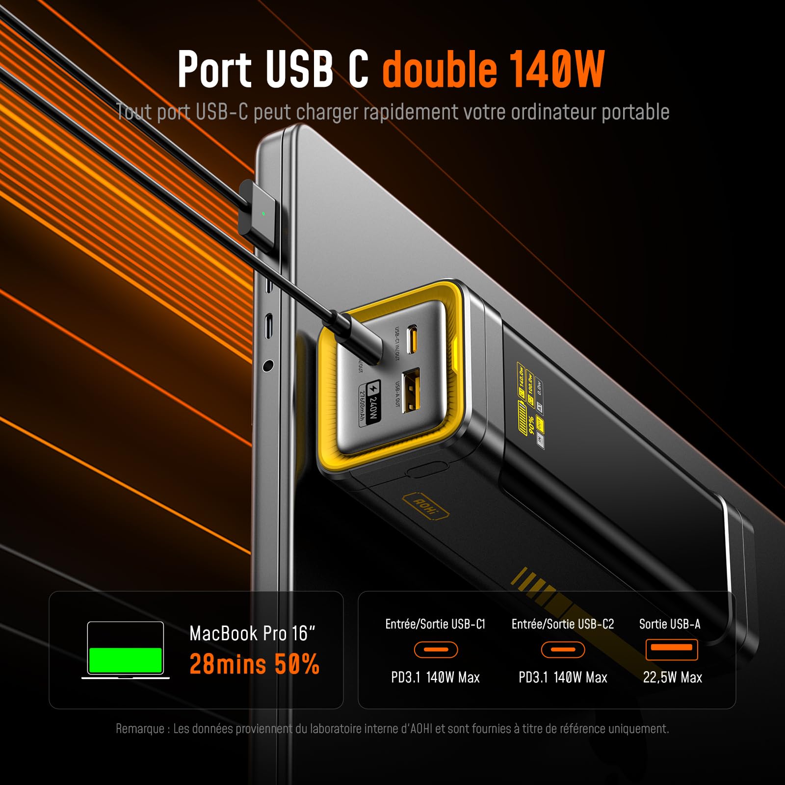 AOHI Batterie Externe 27600mAh 240W Power Bank USB C Charge Rapide 3 Ports 140W PD 3.1,The Future Starship Batterie Externe pour Ordinateur Portable MacBook Pro/Air,iPad Pro,iPhone 17,Galaxy,Gris
