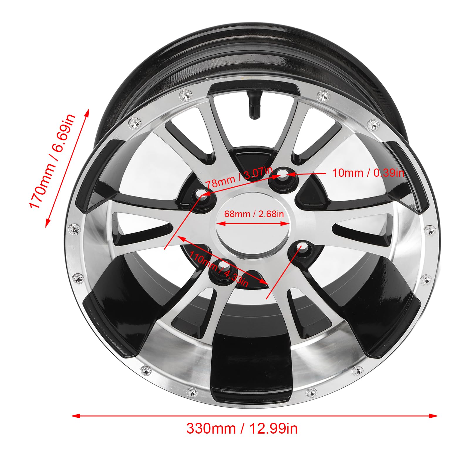 Keenso Llanta de 12 Pulgadas Llanta de Aleación de Aluminio de Rueda ATV Espaciado de 4 Orificios 110 Mm Acabado de Metal Liviano para ATV Go Kart UTV Reemplazo de Quad Uso Todoterreno