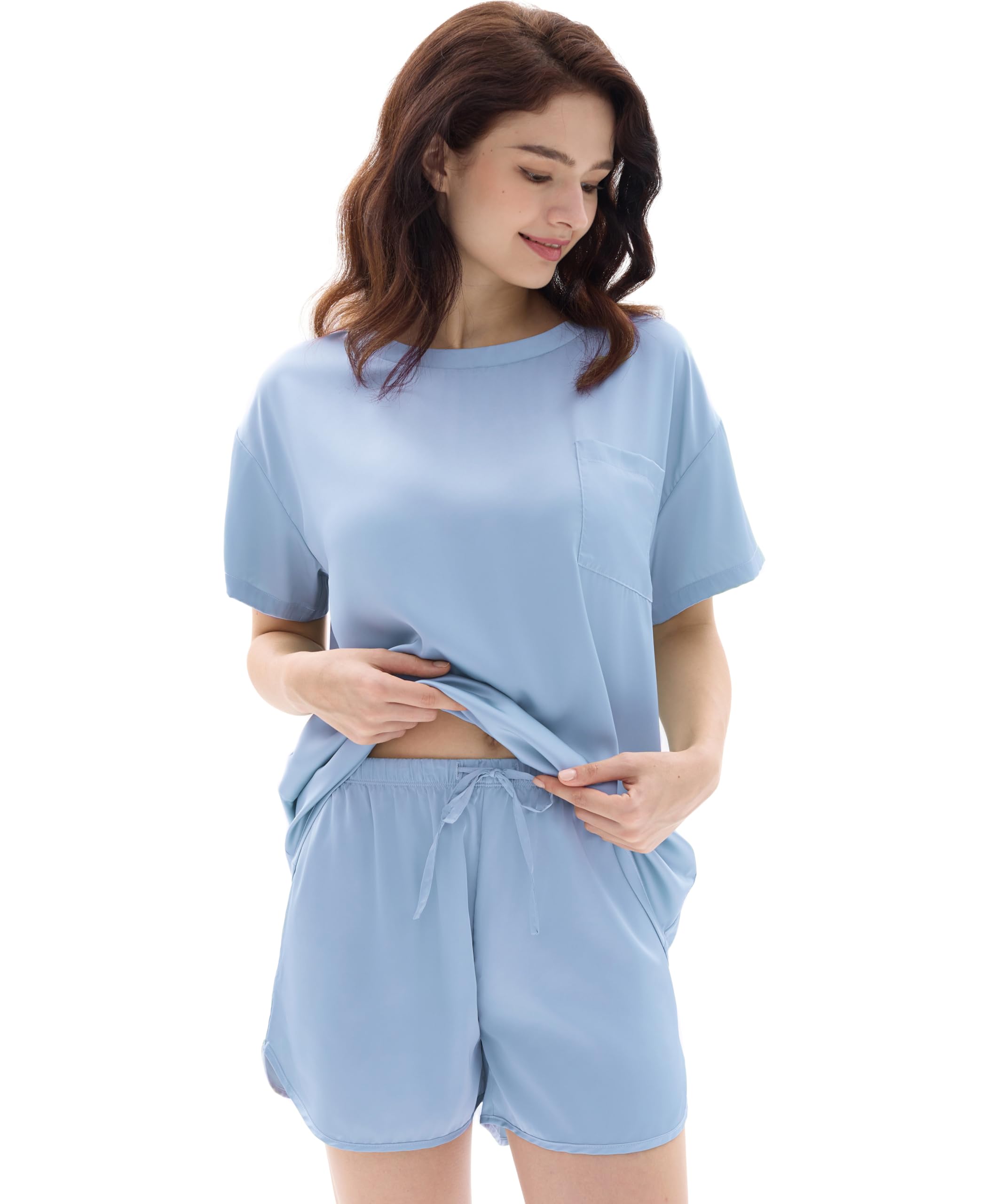Joyaria Satin Pajamas for Women Short Sleeve Silk Pjs Round Neck Lightweight Lounge Set Soft Shorts Sleepwear Over Size