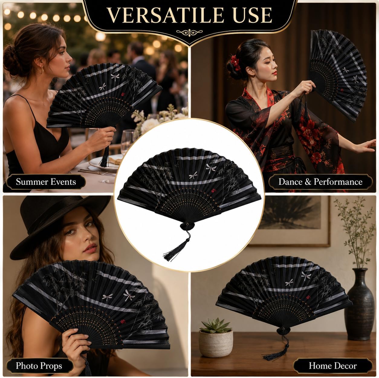 Vintage Handheld Folding Fan, Cherry Blossom Print, Black image 5