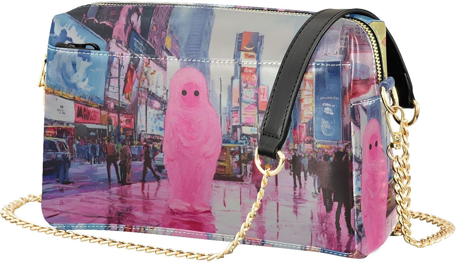 Women Crossbody Bag Shoulder Handbag Cellphone Purse PU Leather Metal Chain Strap Water Resistant Zipper Closure Halloween City Print