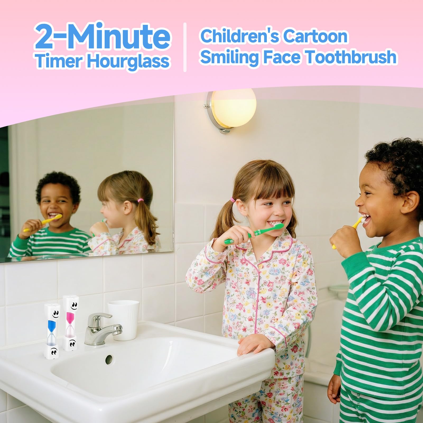 2Pcs Sablier Brossage Dents Enfant, Coloré Éducatif Résistant Sablier 2 Minutes, Convient pour la Cuisine Le Bureau Les Jeux Le Brossage Dents Quotidien Familial Pratique Durable (Rose + Bleue)