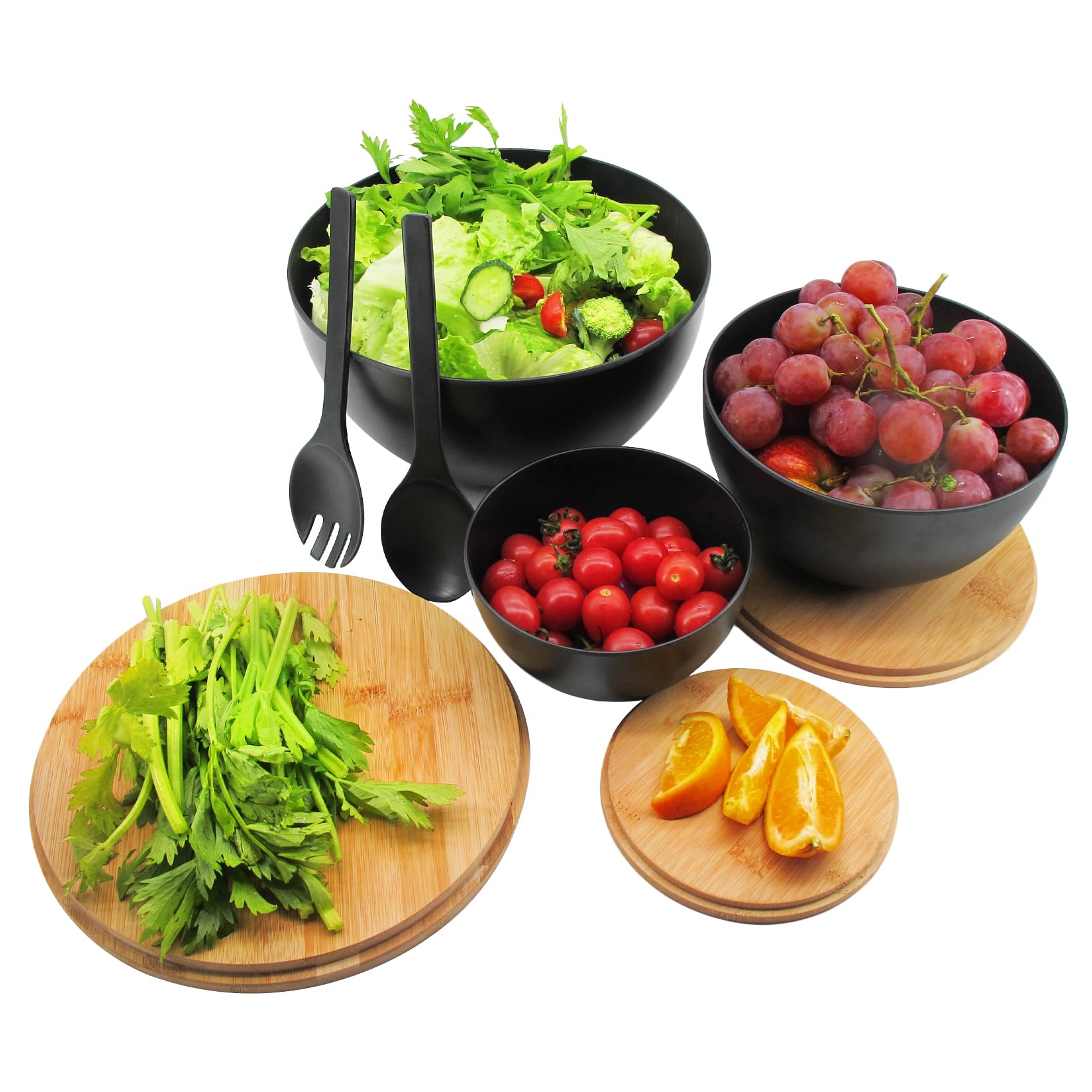 ECOWAY Salad Bowls Set of 3 with Lid & Serving Utensils, Bamboo Fiber Serving Bowls Set Large Mixing Bowls & Storage Set with Bamboo Lid for Salad, Kitchen Eating, Pasta, Popcorn, Chips, Fruit, Black