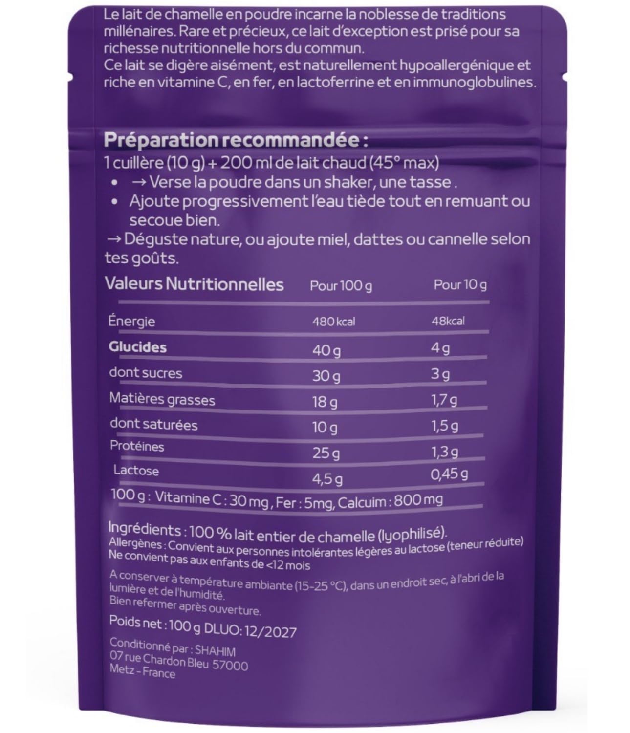 latte di cammello in polvere -Qualità premuim- Marchio francese,una composizione vicino al latte materno umano, povero di lattosio,Ricco di vitamina C, ferro, acidi grassi insaturi -100 gr