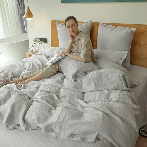Miniatura 8 de Simple&Opulence - Juego de funda de edredón 100 % lino, 3 piezas con cierre de botón de coco, de lino francés lavado, color liso, suave,