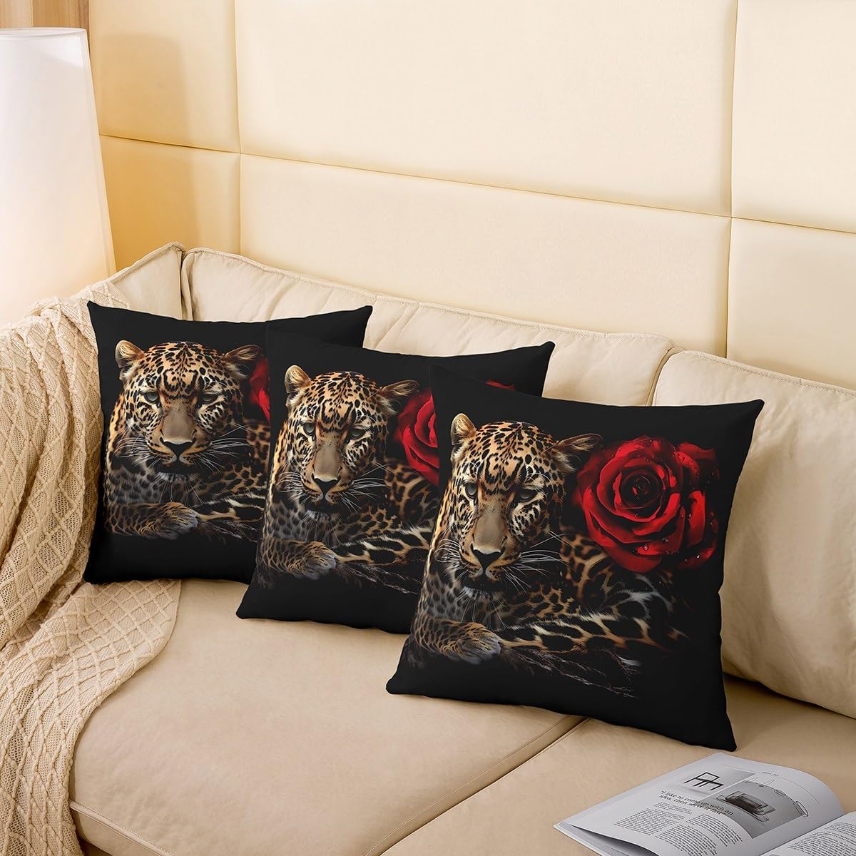 Feelyou Leopard Pillow Cover 24x24 Cheetah Rose Floral Print Decorative Throw Pillow Cover Case Home Decor Wild Animal Botanical Flowers Pattern Red Brown Cushion Case for Couch Sofa Outdoor