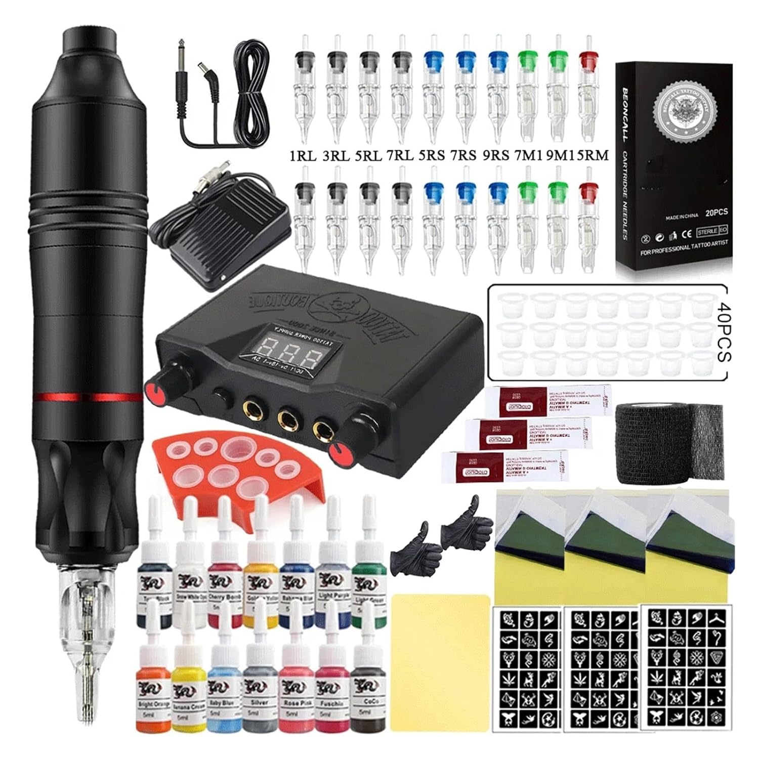 Complete Tattoo Pen Kit Machine Set Rotary Power Supply with Cartridge Needles Ink Accessories