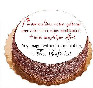 PLAQUE PHOTO POUR GATEAU D’ANNIVERSAIRE (sans modification) et VOTRE TEXTE GRAPHIQUE GRATUIT- disque en sucre COMESTIBLE rond 20 cm - PERSONNALISEZ MAINTENANT Bouton orange EN HAUT A DROITE DU TITRE
