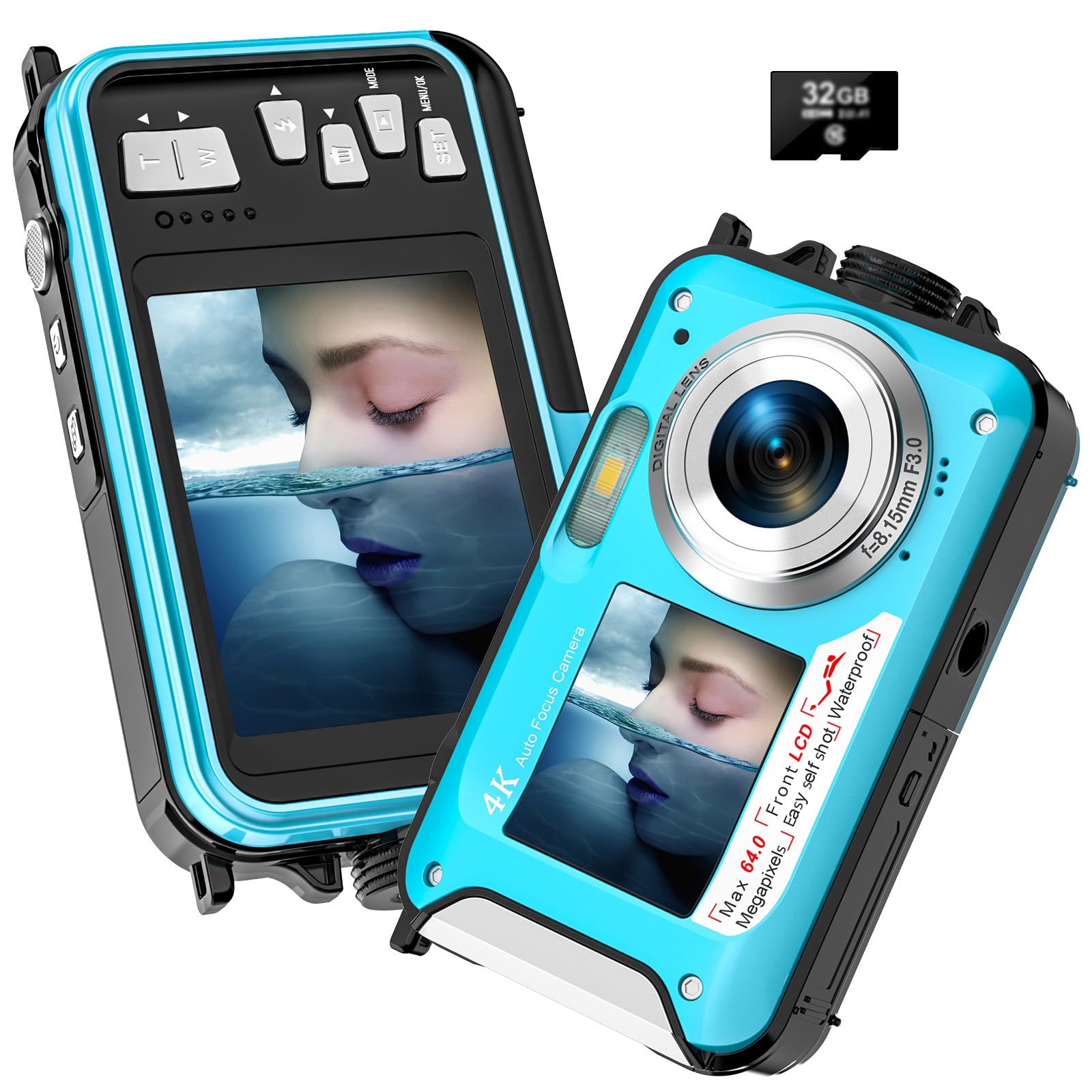 Unterwasserkamera, Yixinxin Digitalkamera wasserdichte UHD 4K 64MP Autofocus mit Einer 32GB Karte Selfie Doppelte Bildschirme wasserdichte Kamera zum Schnorcheln