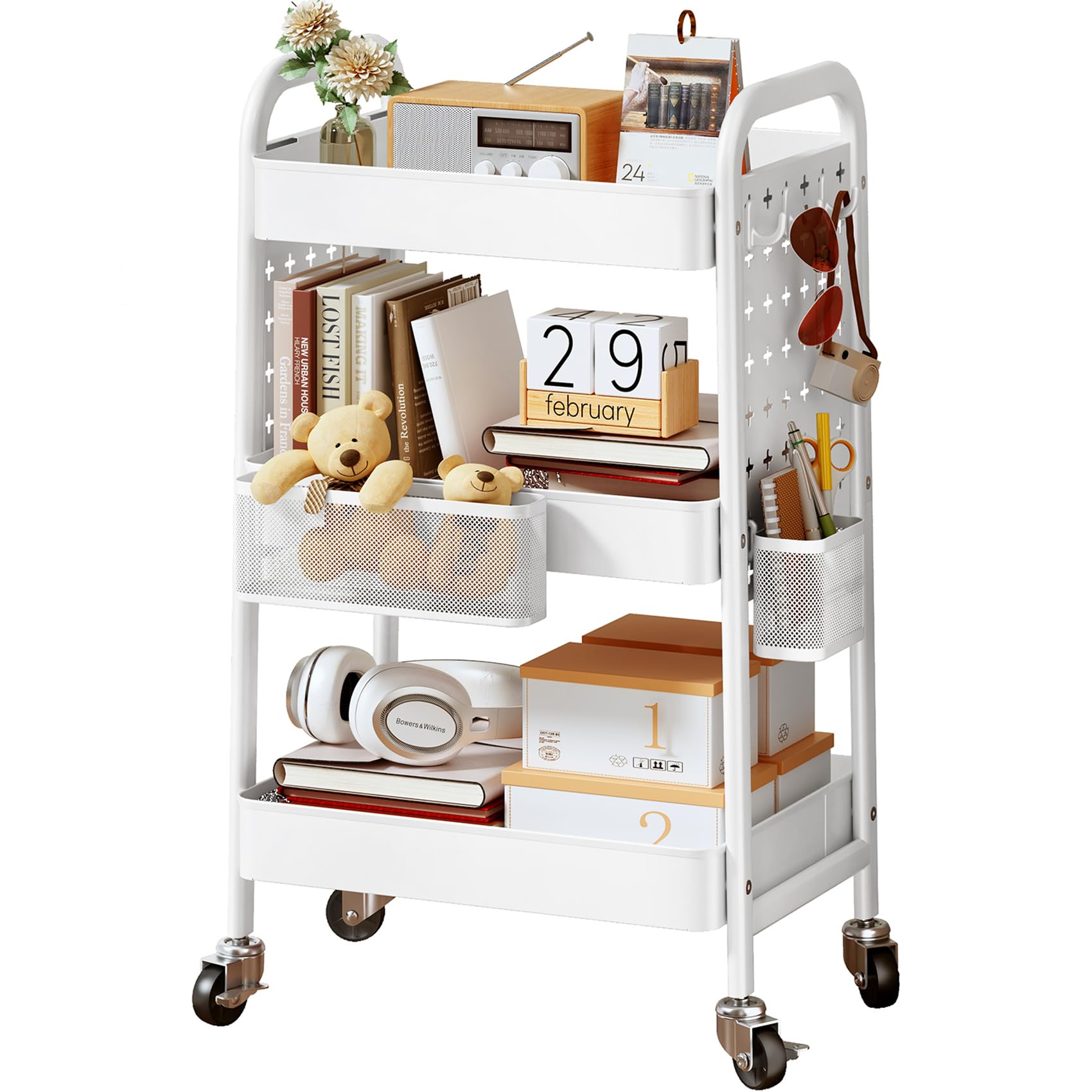 3 Tier Rolling Utility Cart - Metal White Cart Organizer with Wheels, Storage Cart with DIY Dual Pegboards, Removable Baskets Hooks