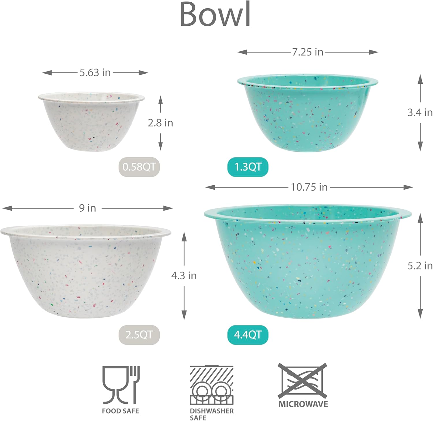 bzyoo Confetti Nesting Mixing Bowls Set - 4-Piece Colorful Kitchen Bowls (18oz, 1.25QT, 2.5QT, 4QT) - BPA-Free, Dishwasher Safe, Space-Saving Design Eggshell Color