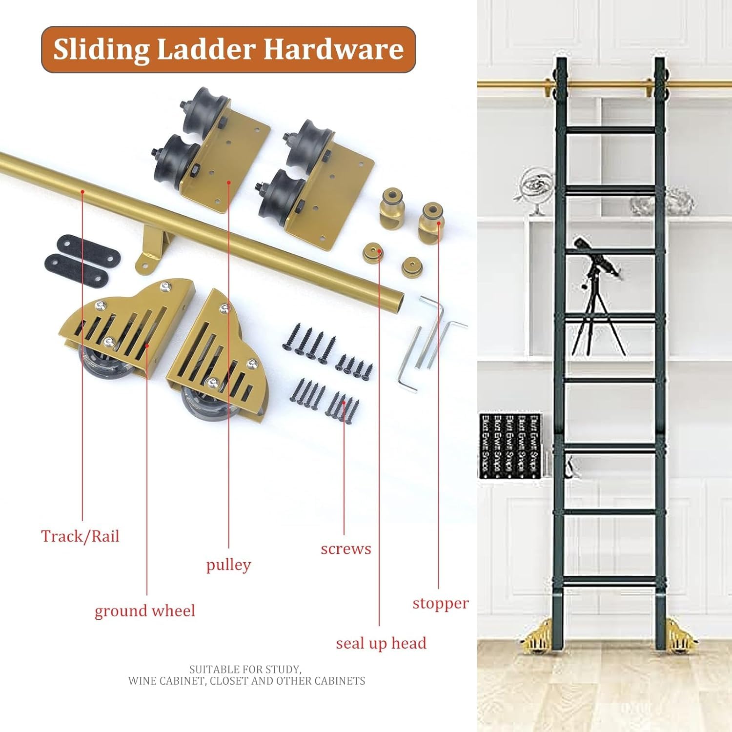 Robustes Schiebe-Bibliotheks-Hardware-Kit, mobiles Leiterbahnsystem für Schrank, komplettes Rollensystem, keine Leiter im Lieferumfang enthalten, einfache Installation, langlebiges Design