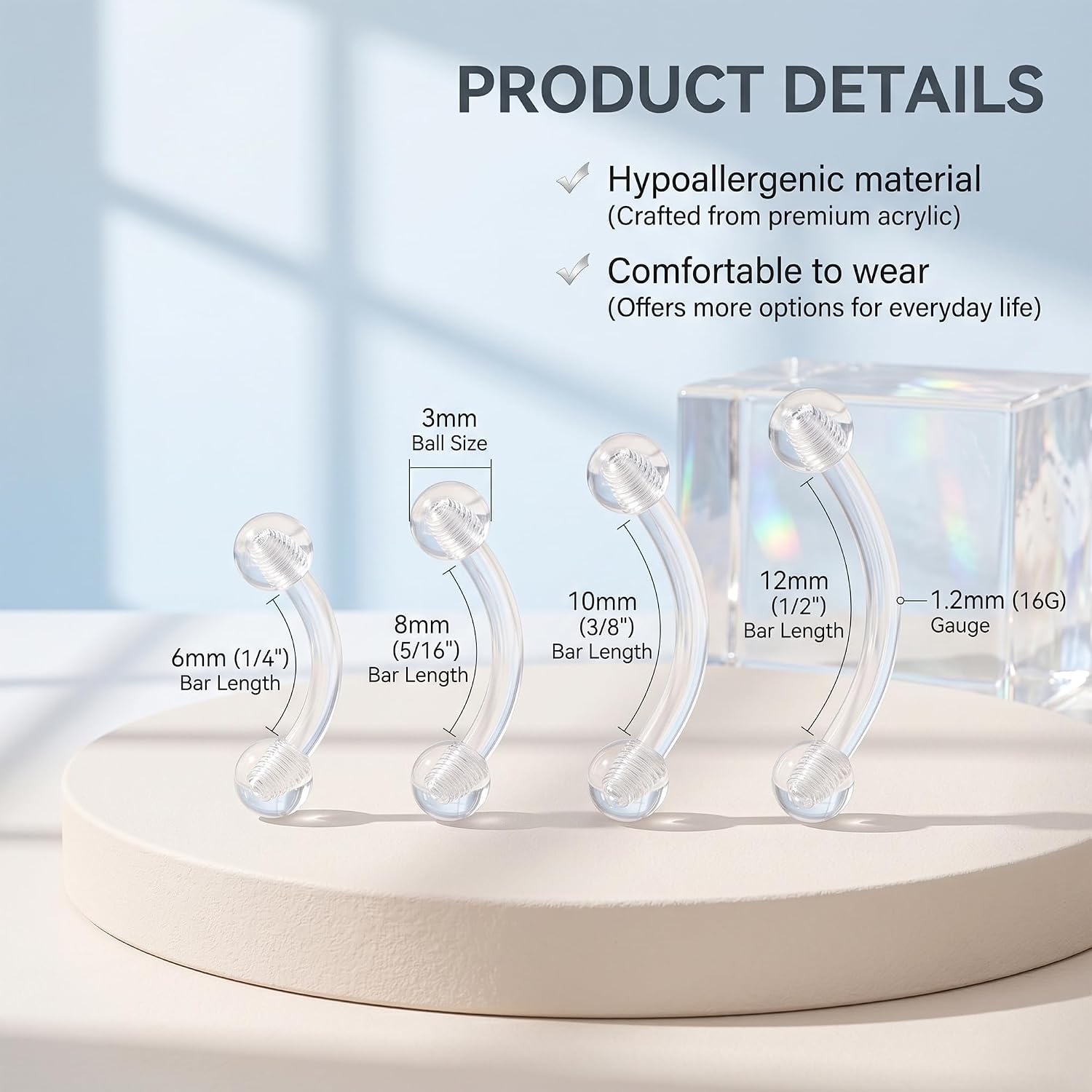AVYRING 32Pcs Clear Eyebrow Piercing for Women Men 16G Plastic Invisible Set for Belly Vertical Labret Lip Cartilage Rook Retainers MRI Work Sport 6mm 8mm 10mm 12mm