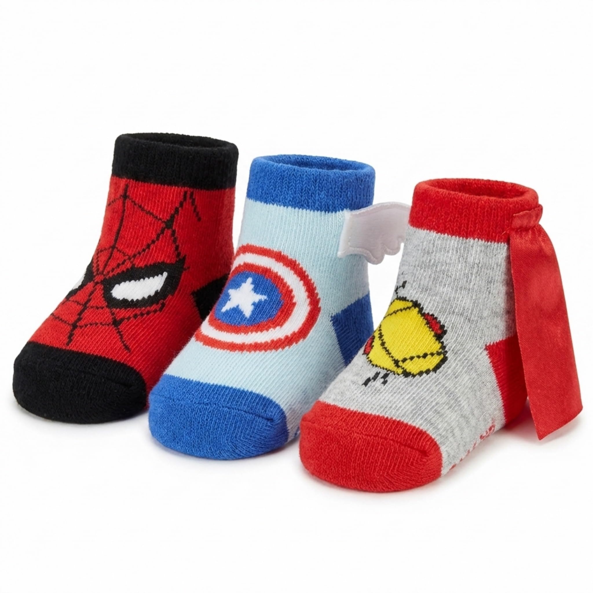 Spiderman Baby-Stiefel, 3er-Pack Spiderman-Babysocken mit Captain America und Thor (3er-Pack, 0-12 Monate), Blau/Rot/Grau, 0-12 Monate, Blau / Rot / Grau, 0-12 Meses