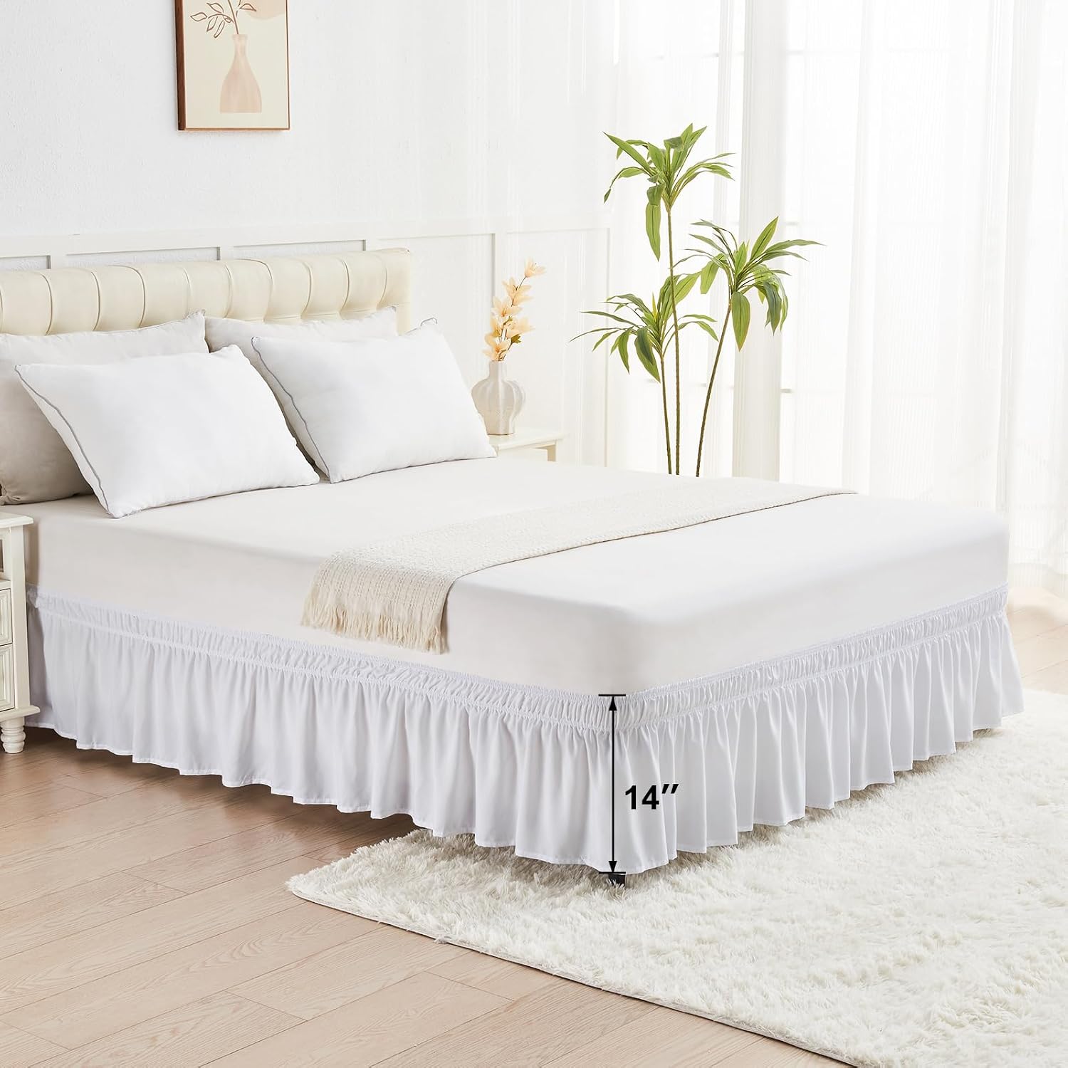 U-NICE HOME Wrap Around Dust Ruffle Bed Skirt 14 Inch Drop No Mattress Lift for Women, Men, Kids & Teens - Queen, White