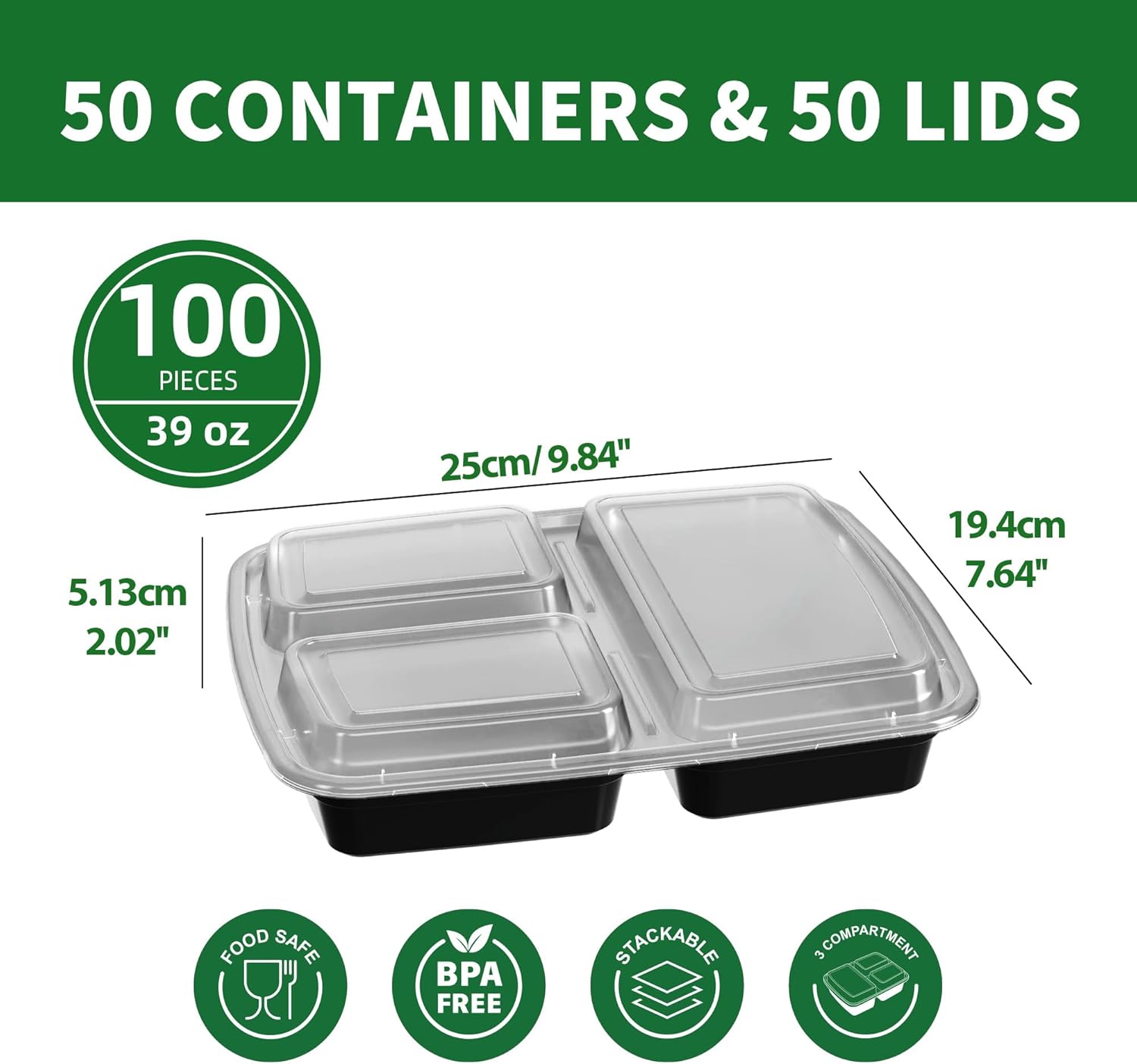 Meal Prep Containers 50 Pack - 39oz 3-Compartment Disposable Take Out Food Storage Containers with Leakproof Lids, BPA Free Plastic To Go Lunch Boxes, Microwave/Dishwasher/Freezer Safe - Image 2