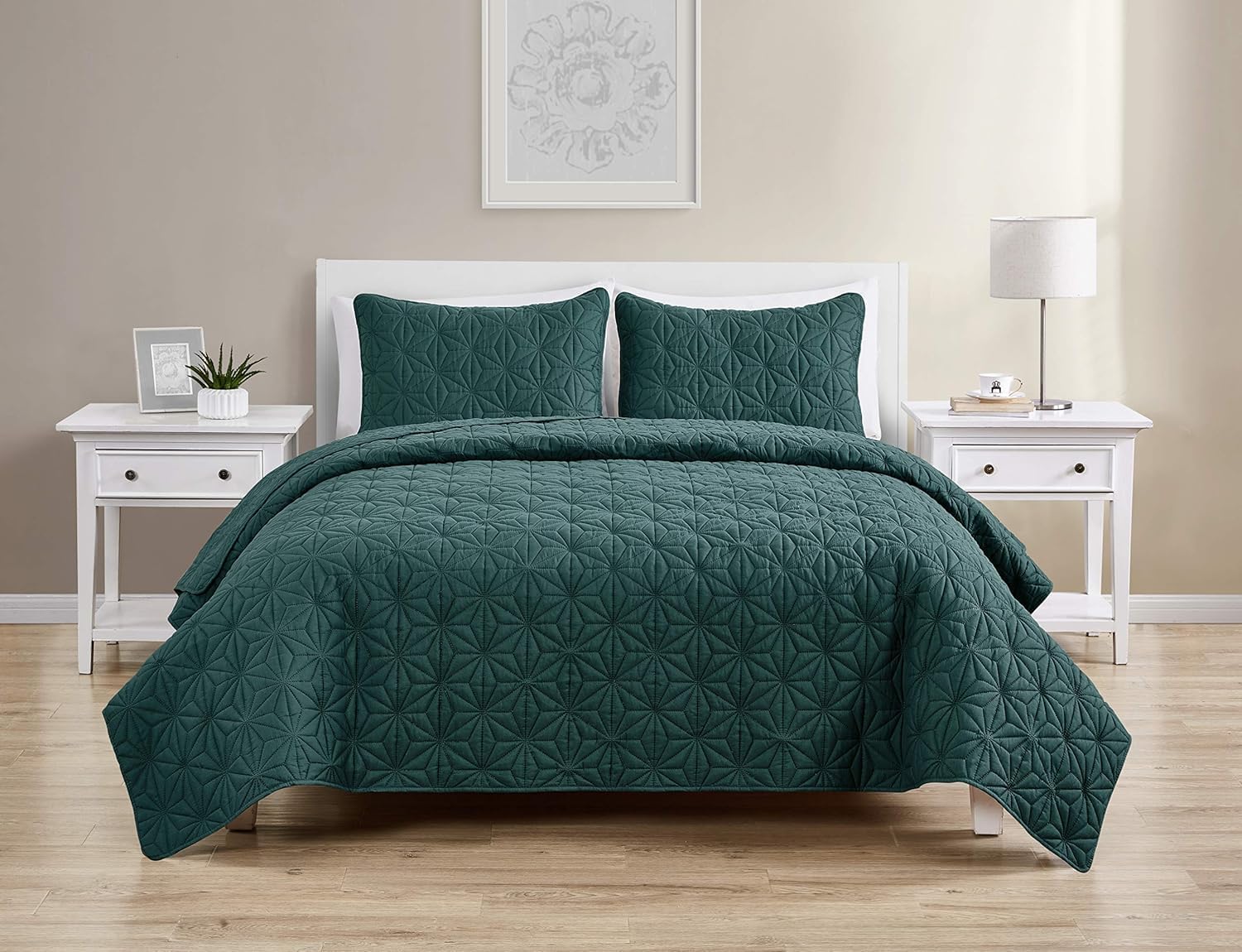 Full Green Microfiber Reversible Geometric Quilt Set