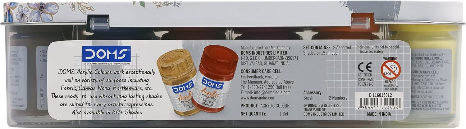 Doms Acrylic Colours 12 Shades Kit15ml| Includes Gold & Silver With 2 Brushes Included in the Box| DIY Paint Rich Pigment Paint For Canvas Wood Metal Leather|