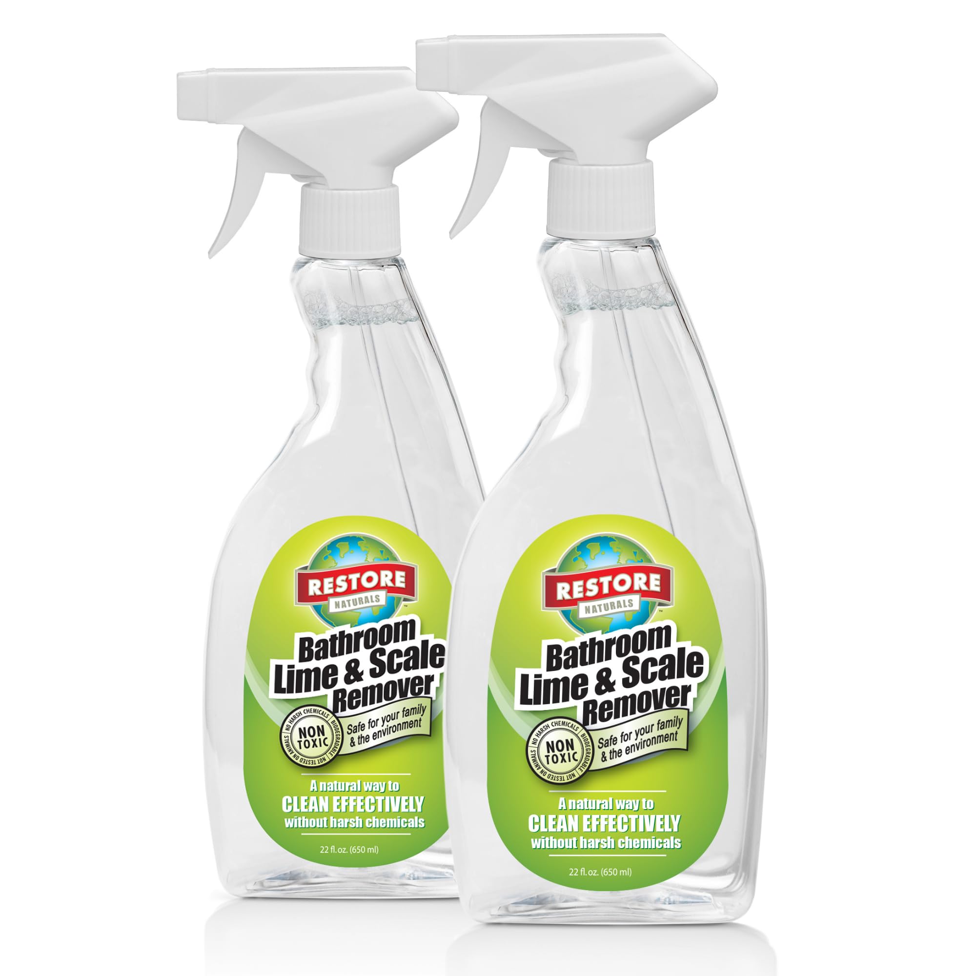 Restore Naturals Bathroom Lime and Scale Remover - 22 oz. - Bath Tub Cleaner | Hard Water Stain Remover | Soap Scum Remover for Shower | Bath room Cleaner Spray | Bathroom Descaler - 2 Pack