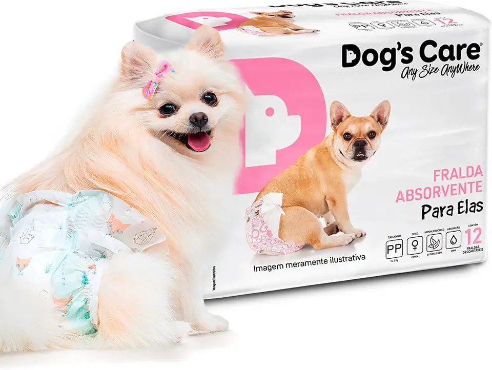 DOG’S CARE Fralda Descartável Para Cães Fêmeas de 3kg - Fralda Absorvente Para Cachorros Idosos e Filhotes - Tamanho PP - 12 Unidades