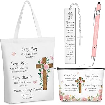 Sinmoe 4 Pcs Christian Gift Including Christian Canvas Tote Bag Cosmetic Bag Ballpoint Pen Verse Bookmarks for Him Her Christmas Thanksgiving Day Inspirational Religious Bible Verse Gifts