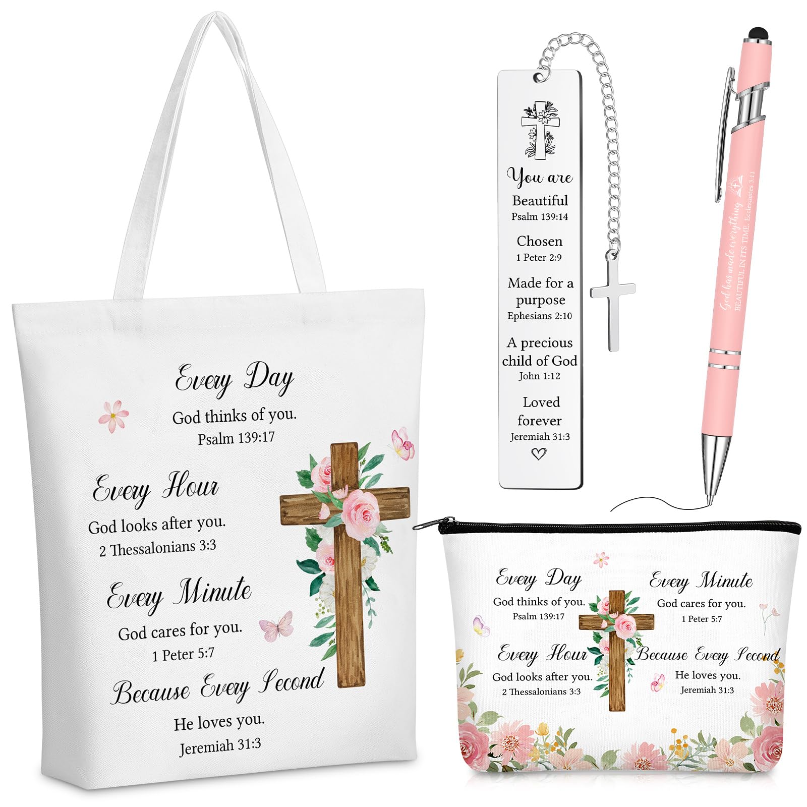 Sinmoe 4 Pcs Christian Gift Including Christian Canvas Tote Bag Cosmetic Bag Ballpoint Pen Verse Bookmarks for Him Her Christmas Thanksgiving Day Inspirational Religious Bible Verse Gifts