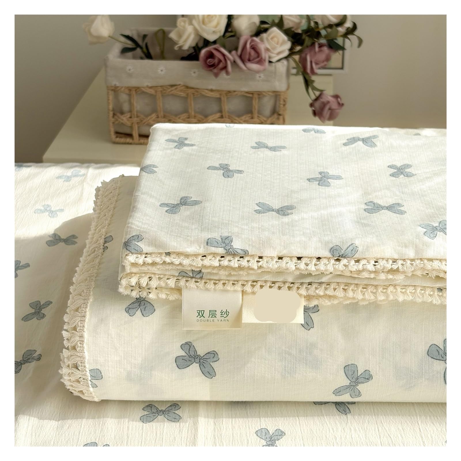 Spring Summer Floral Print Double Gauze Bed Sheet With Fringe Lace Trim(Butterfly ear,200x230cm Twin)