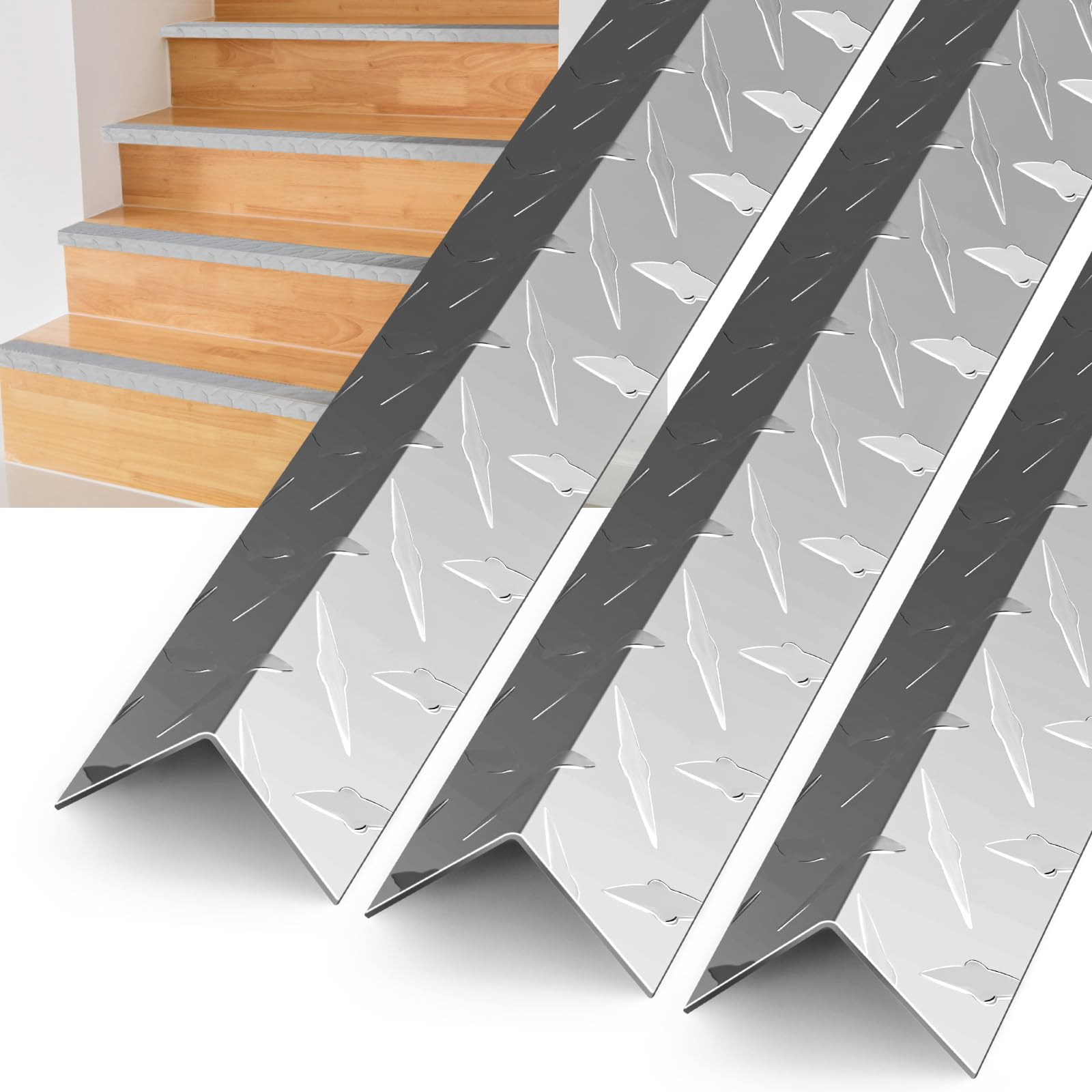 Photo 1 of Gisafai 4 Pcs 1.5"x 1.5"x 48" Aluminum Diamond Plate Stair Nosing Non Slip Window Sill Nosing Plate Metal Staircase Ledge Guard Stair Edge Protector for Wall Edge Corner Guard Angle Silver