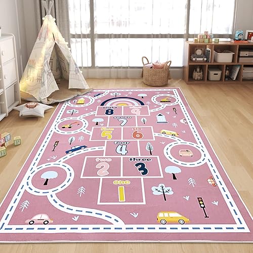 Miniatura 3 de Hopscotch - Alfombra de coche de 4 x 6 pies, alfombra de juegos para niños, alfombra rosa para dormitorio, sala de juegos, alfombra antideslizante