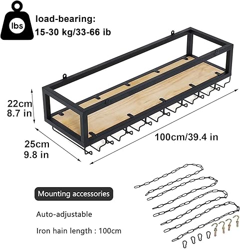 Miniatura 3 de Estante flotante industrial vintage para bar, soporte para botellas de vino colgante industrial, altura ajustable, estante para copas de vino de