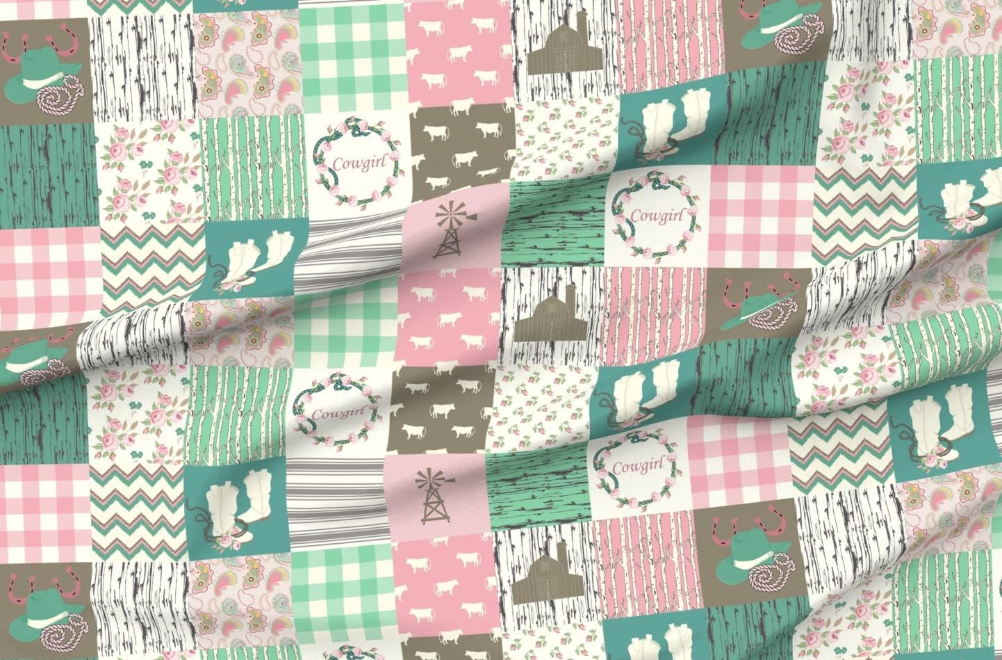 Spoonflower Fabric - Cowgirl Wholecloth Cheater Quilt Pink Aqua Teal Country Western Cowboy Printed on Organic Cotton Sateen Fabric by The Yard - Sewing Quilting Apparel Home Decor