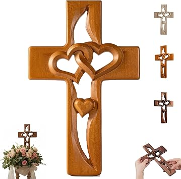 Qylfst Intertwined Hearts Wooden Cross,Wooden Cross for Wall,Sacred Heart Wall Decor with Heart Cutout,Christian Gift for Wedding,Anniversaries A3