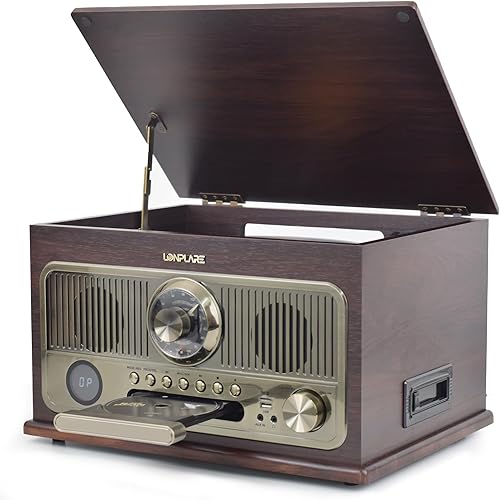 Reproductor de discos de vinilo vintage de 3 velocidades todo en uno con altavoces integrados, tocadiscos Bluetooth, reproductor de